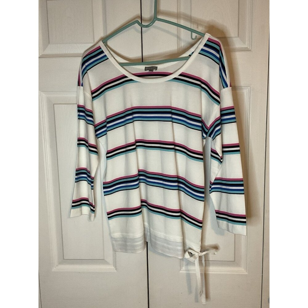 T By Talbots‎ White Stripe Tie Waist 3/4 Sleeve Top 100% Cotton Size Medium
